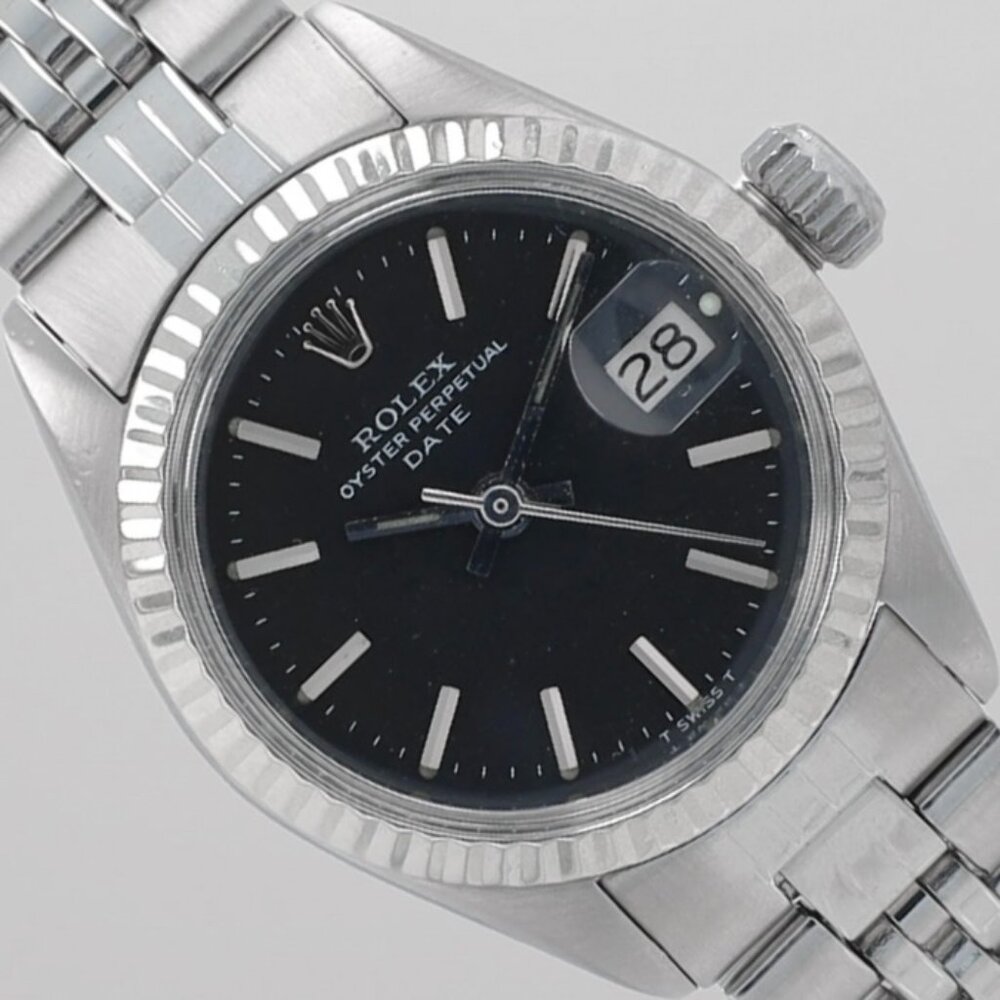 Rolex Ladies Date 26mm Steel Black Index Dial Fluted Bezel Jubilee Band 6917